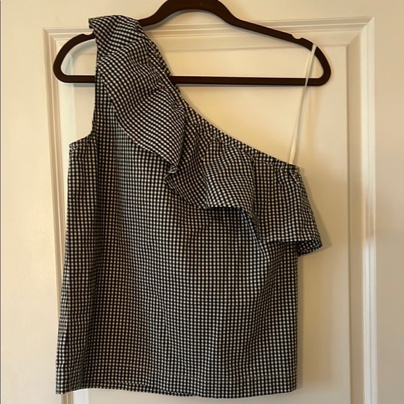 Vineyard Vines Tops Black and White Gingham One Shoulder Bow Tie Tank - Picture 4 of 4